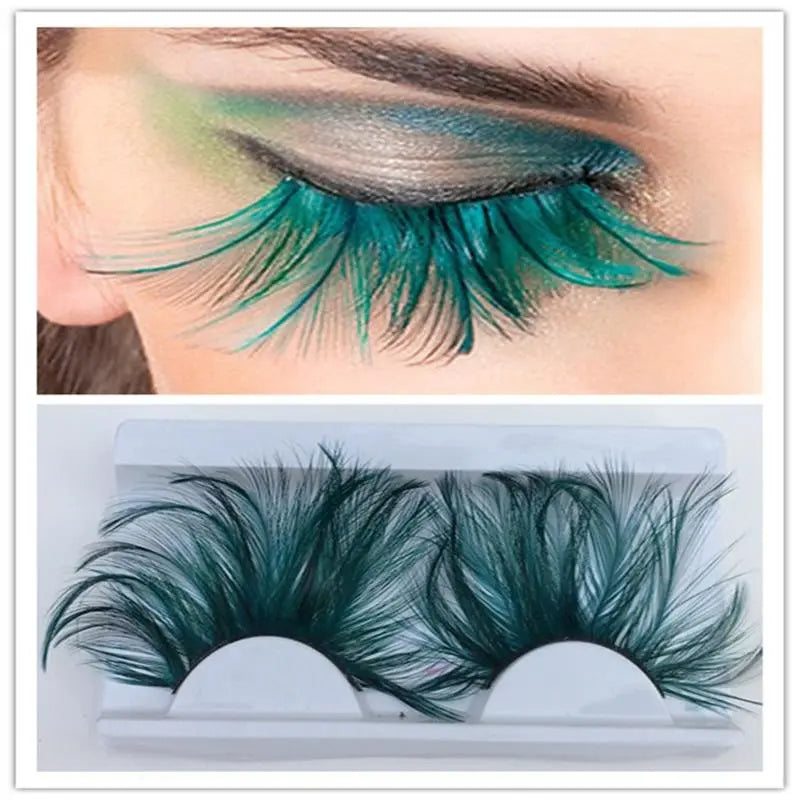 1 Pairs Dark Green Feather 3D Thick Winged Natural Long False Eyelashes